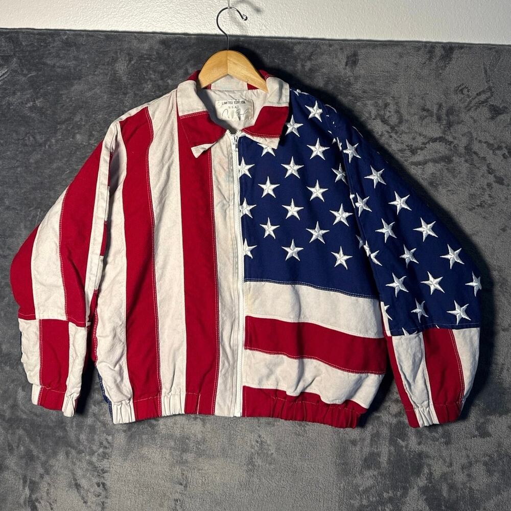 VTG 90s Limited Edition USA American Flag Bomber Jacket Canvas Medium RARE!